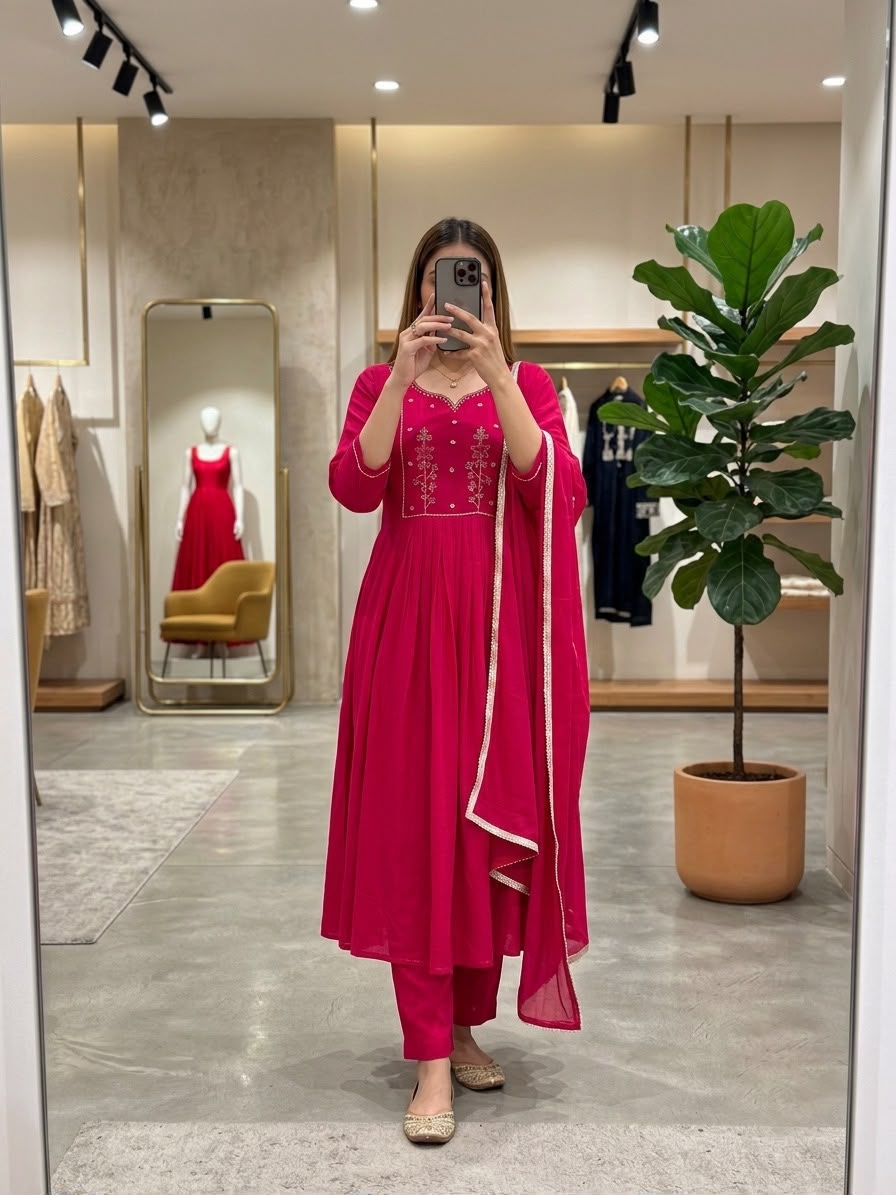 HOV Shiddat Mul Chanderi Anarkali Suit Set with Roman Silk Trousers & Dupatta