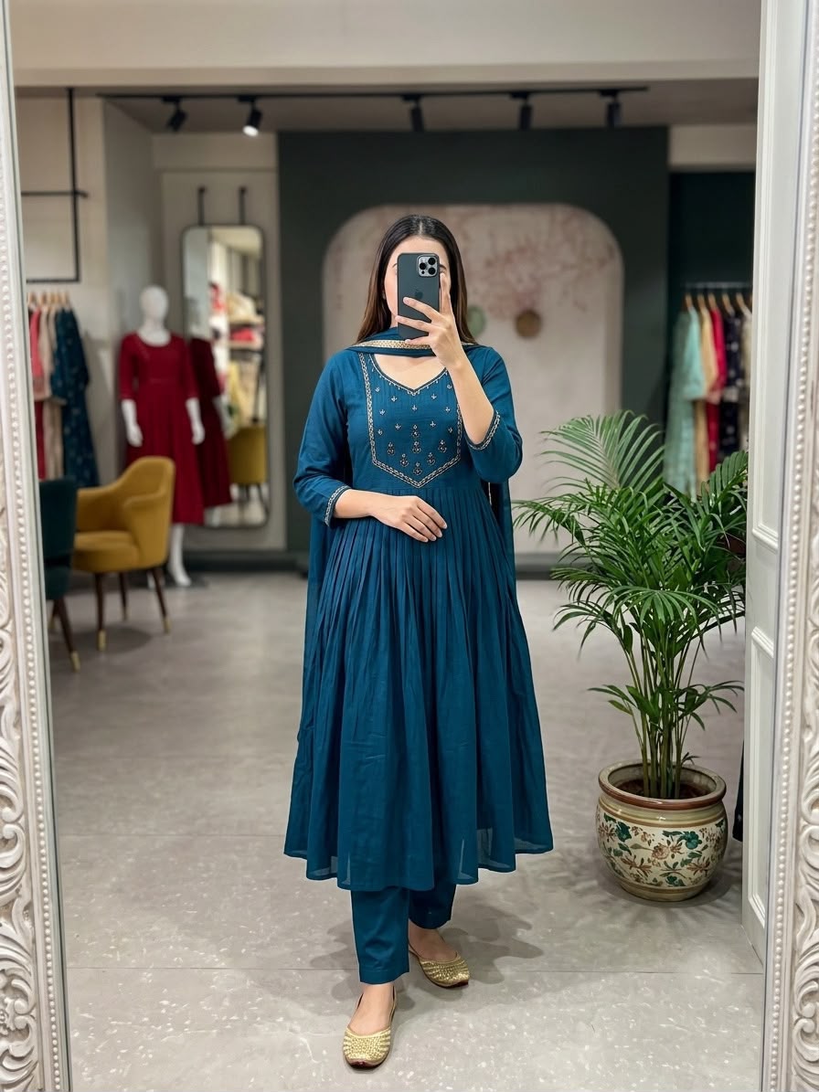 HOV Shiddat Mul Chanderi Anarkali Suit Set with Roman Silk Trousers & Dupatta
