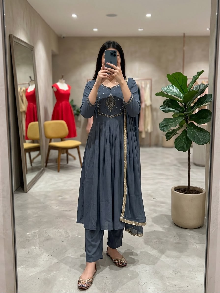 HOV Shiddat Mul Chanderi Anarkali Suit Set with Roman Silk Trousers & Dupatta