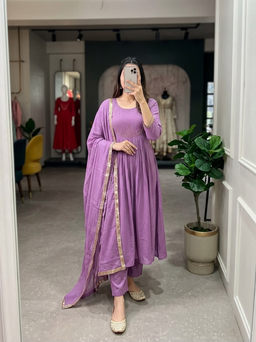 HOV Shiddat Mul Chanderi Anarkali Suit Set with Roman Silk Trousers & Dupatta