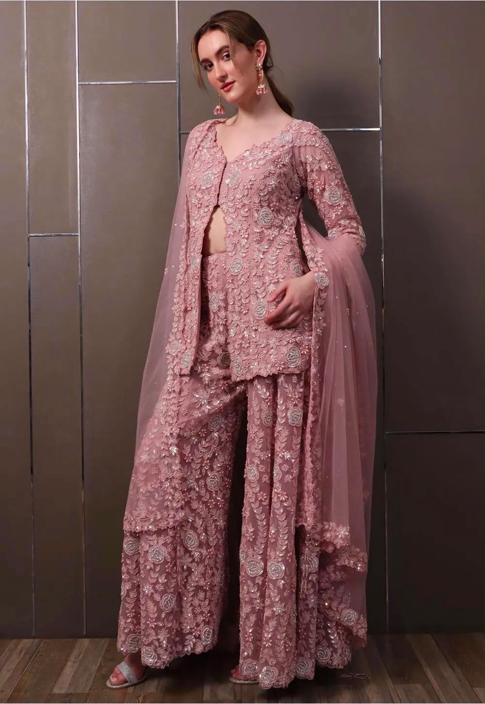 Embroidered Faux Georgette Top & Palazzo Set with Rivet Moti & Net Dupatta