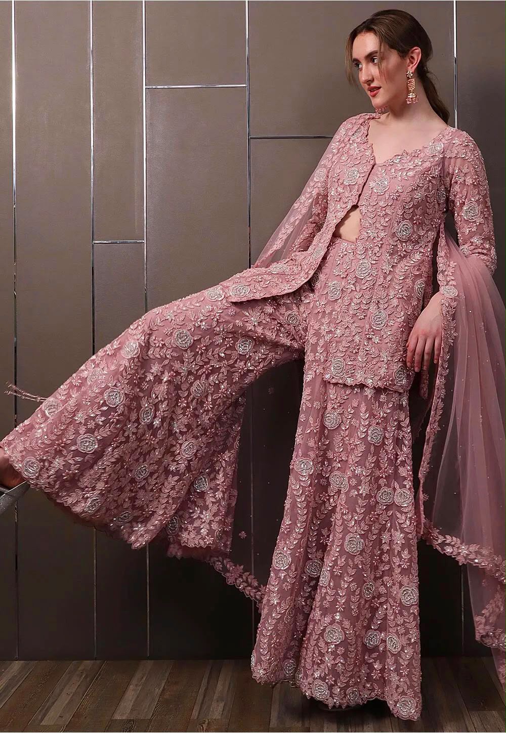Embroidered Faux Georgette Top & Palazzo Set with Rivet Moti & Net Dupatta