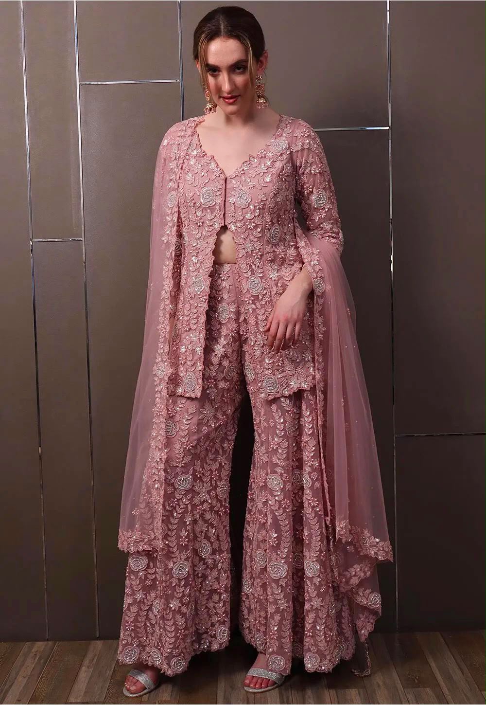 Embroidered Faux Georgette Top & Palazzo Set with Rivet Moti & Net Dupatta