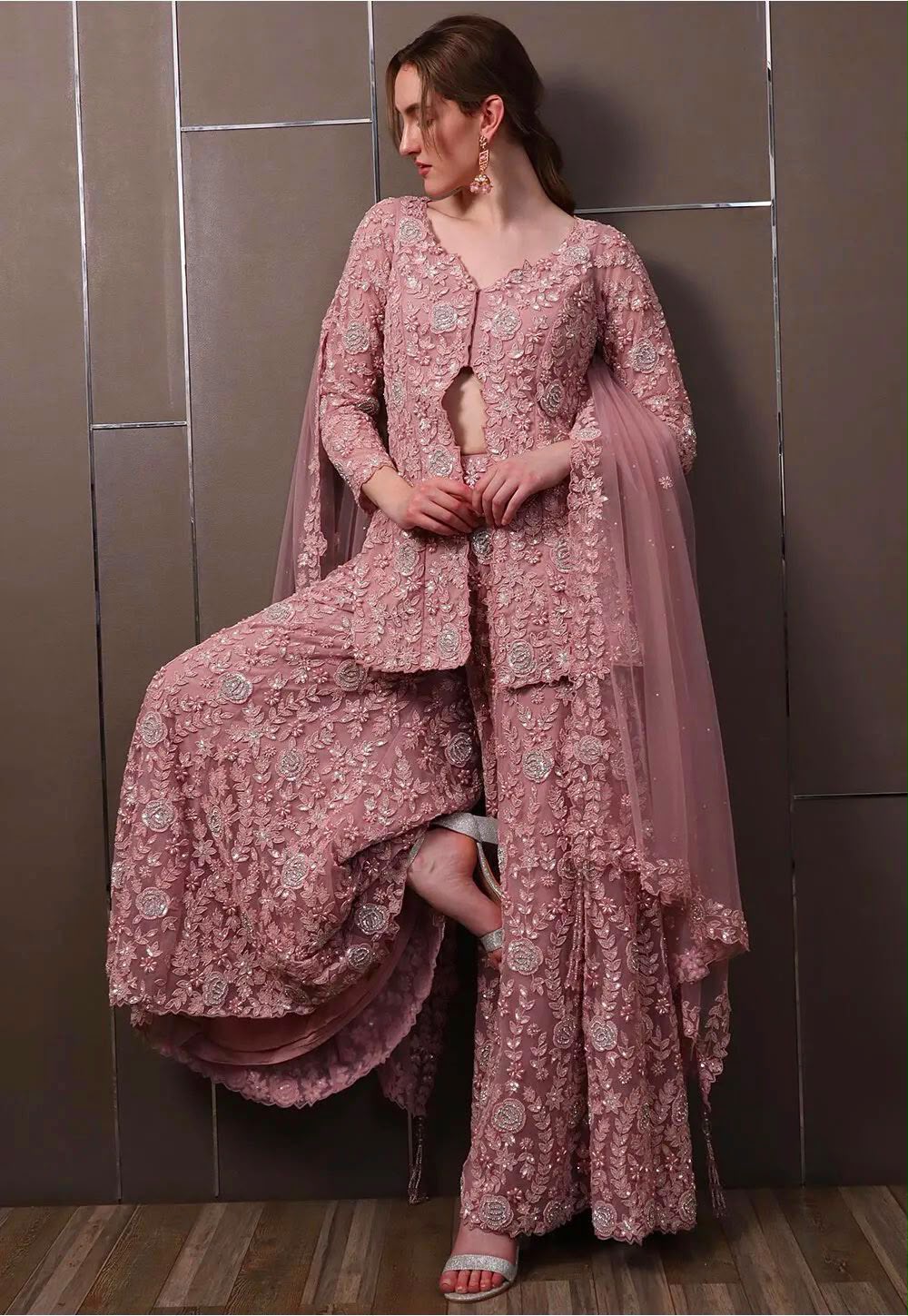Embroidered Faux Georgette Top & Palazzo Set with Rivet Moti & Net Dupatta