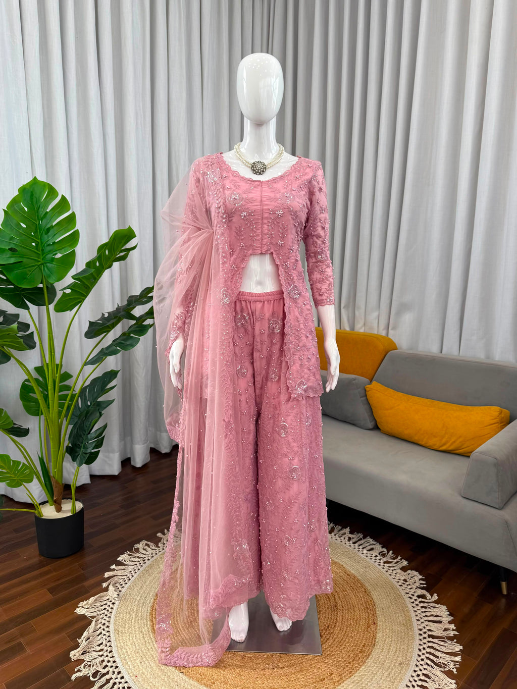 Embroidered Faux Georgette Top & Palazzo Set with Rivet Moti & Net Dupatta