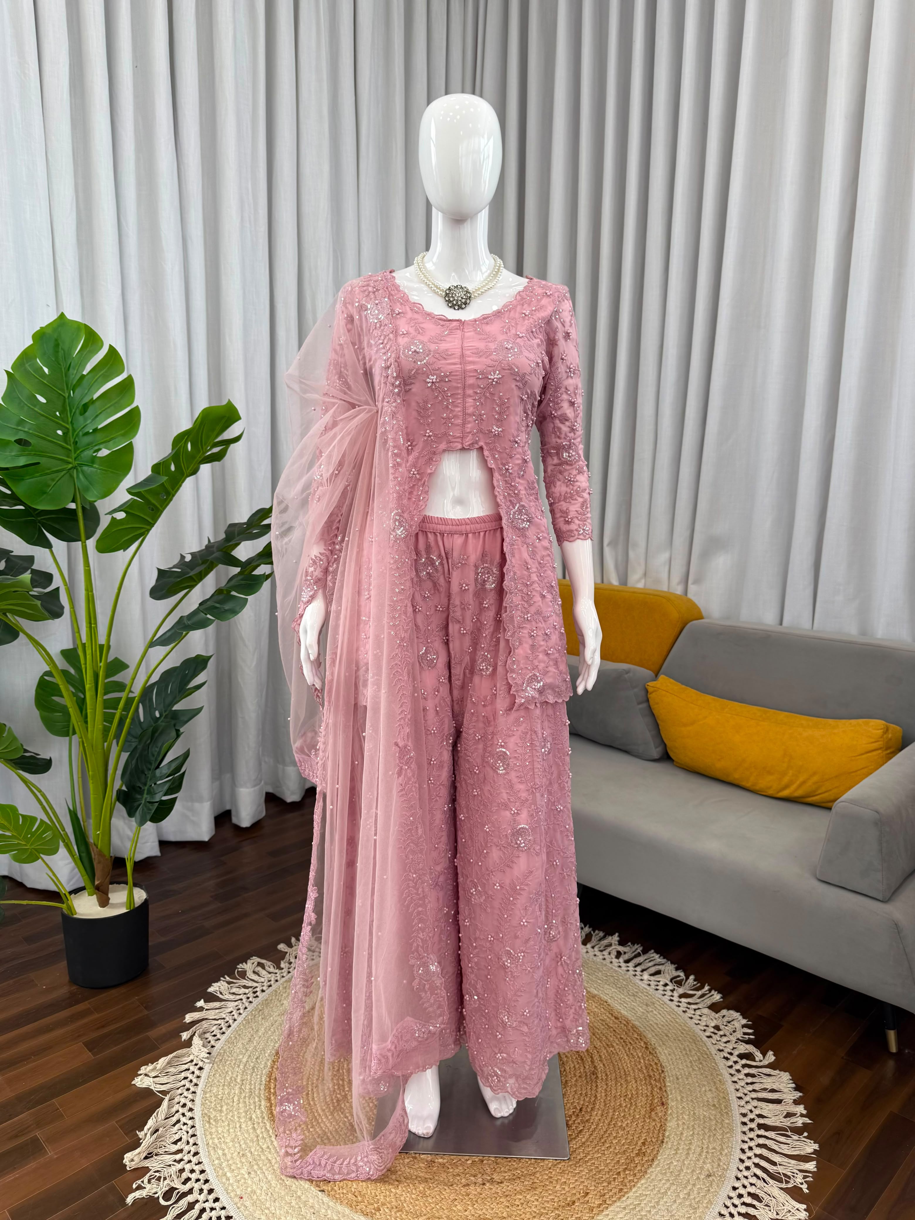 Embroidered Faux Georgette Top & Palazzo Set with Rivet Moti & Net Dupatta