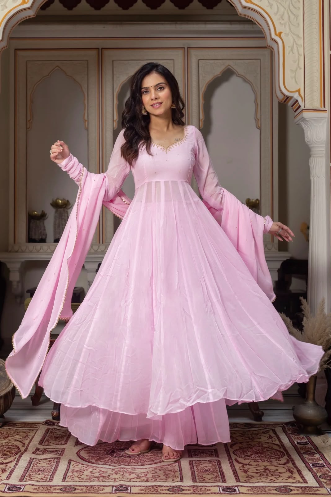 Hand-Embellished Georgette Anarkali Set with Padded Bust & Lace Dupatta