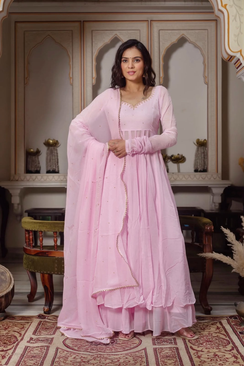 Hand-Embellished Georgette Anarkali Set with Padded Bust & Lace Dupatta
