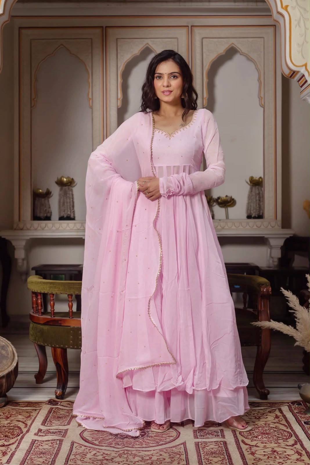 Hand-Embellished Georgette Anarkali Set with Padded Bust & Lace Dupatta