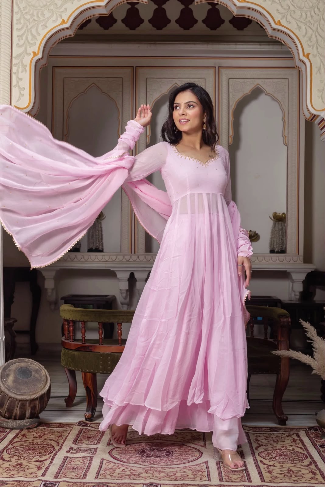 Hand-Embellished Georgette Anarkali Set with Padded Bust & Lace Dupatta