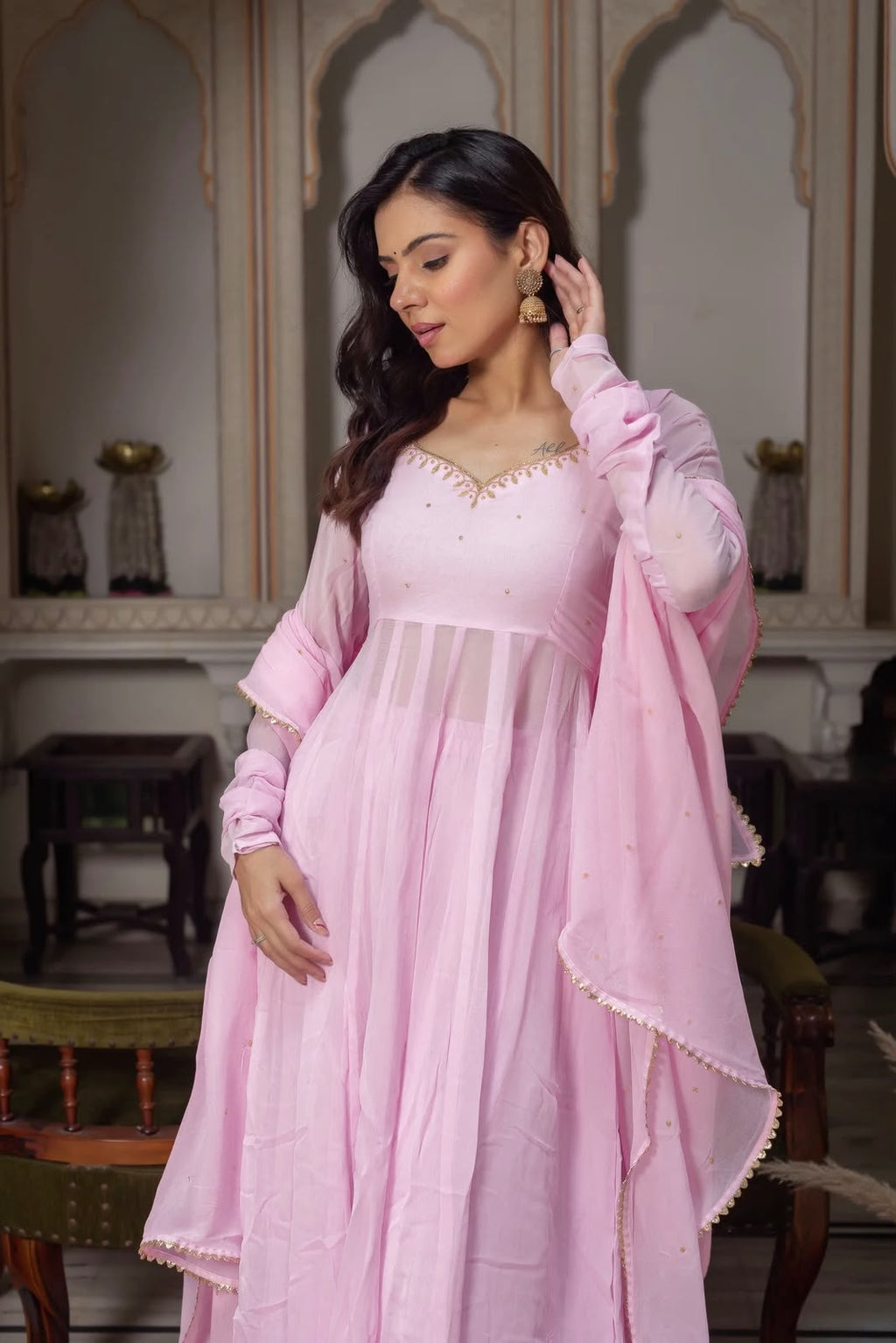 Hand-Embellished Georgette Anarkali Set with Padded Bust & Lace Dupatta