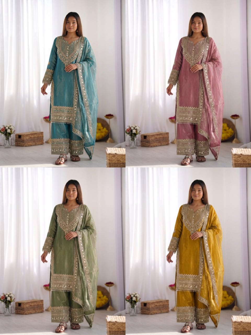 Fendy Silk Embroidered Sequence Suit Set with Sharara Pants & Dupatta