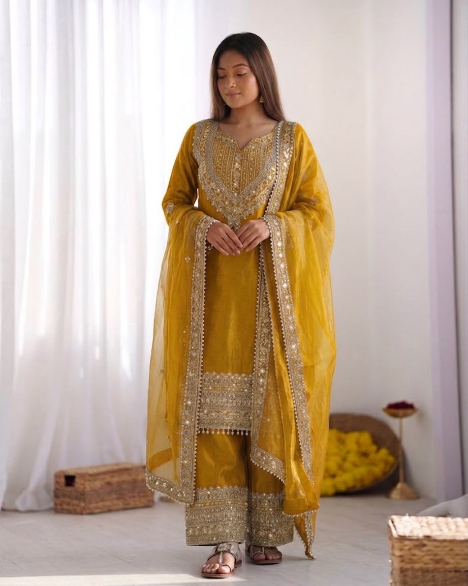 Fendy Silk Embroidered Sequence Suit Set with Sharara Pants & Dupatta