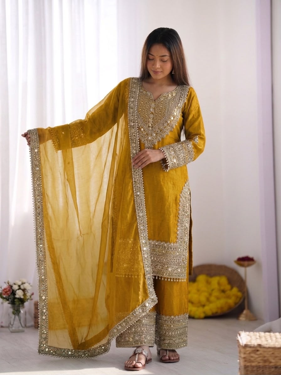 Fendy Silk Embroidered Sequence Suit Set with Sharara Pants & Dupatta