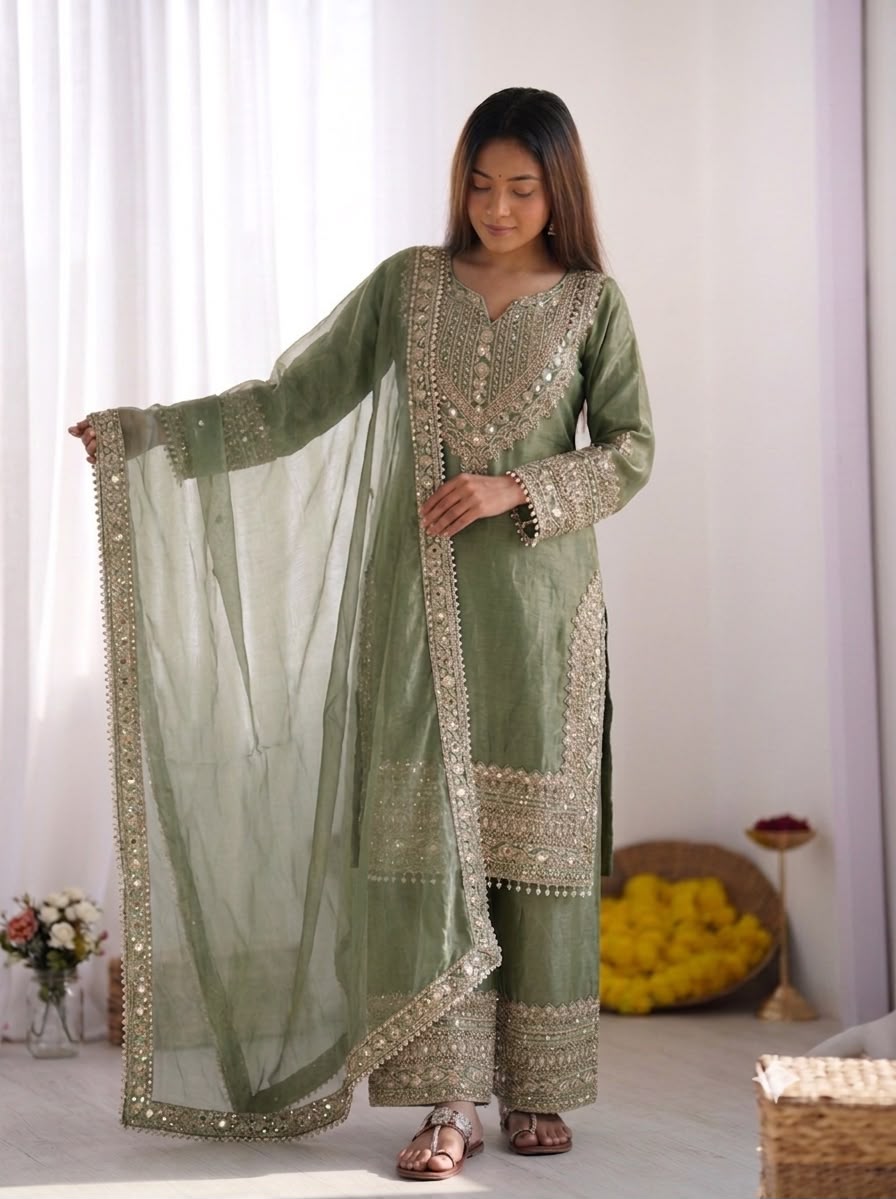 Fendy Silk Embroidered Sequence Suit Set with Sharara Pants & Dupatta