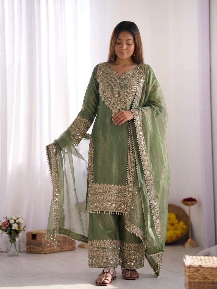 Fendy Silk Embroidered Sequence Suit Set with Sharara Pants & Dupatta