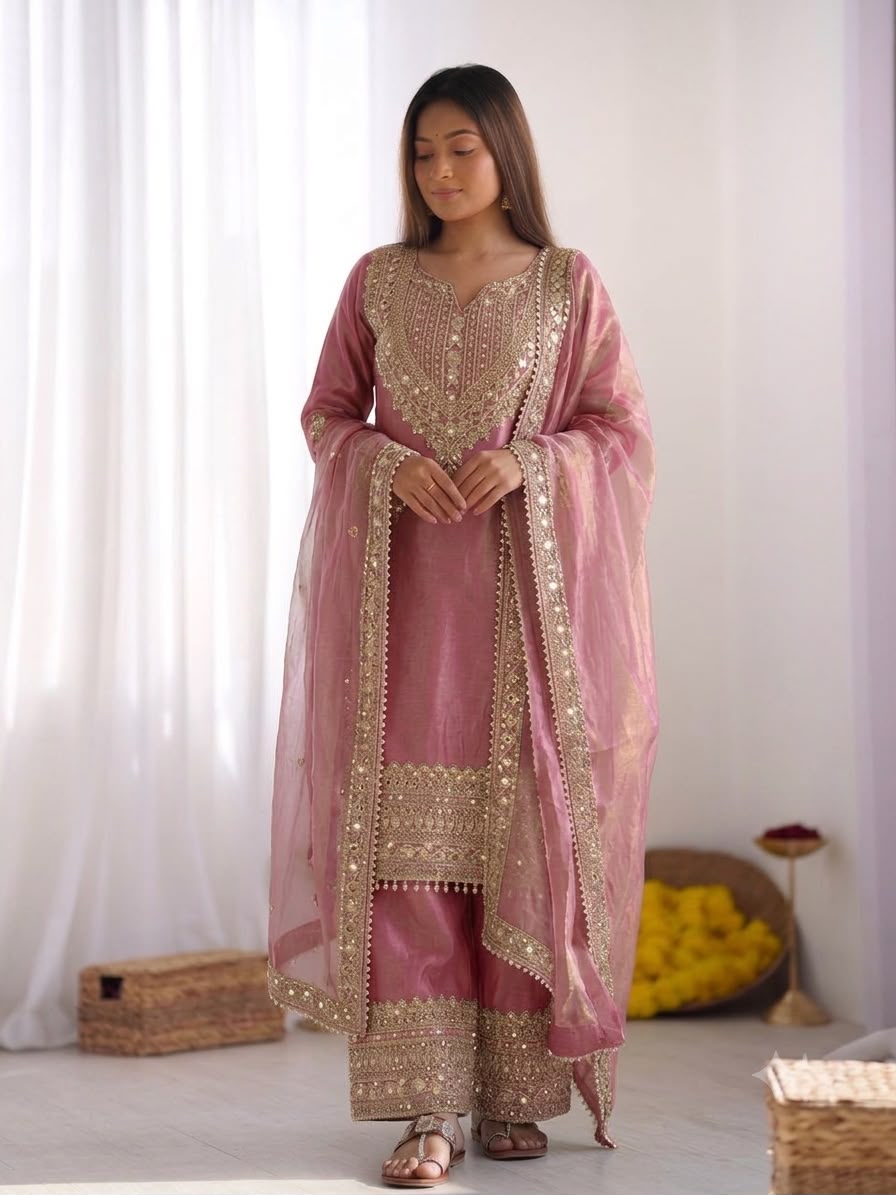 Fendy Silk Embroidered Sequence Suit Set with Sharara Pants & Dupatta