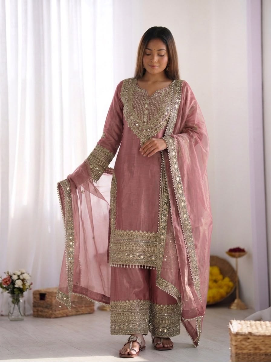 Fendy Silk Embroidered Sequence Suit Set with Sharara Pants & Dupatta