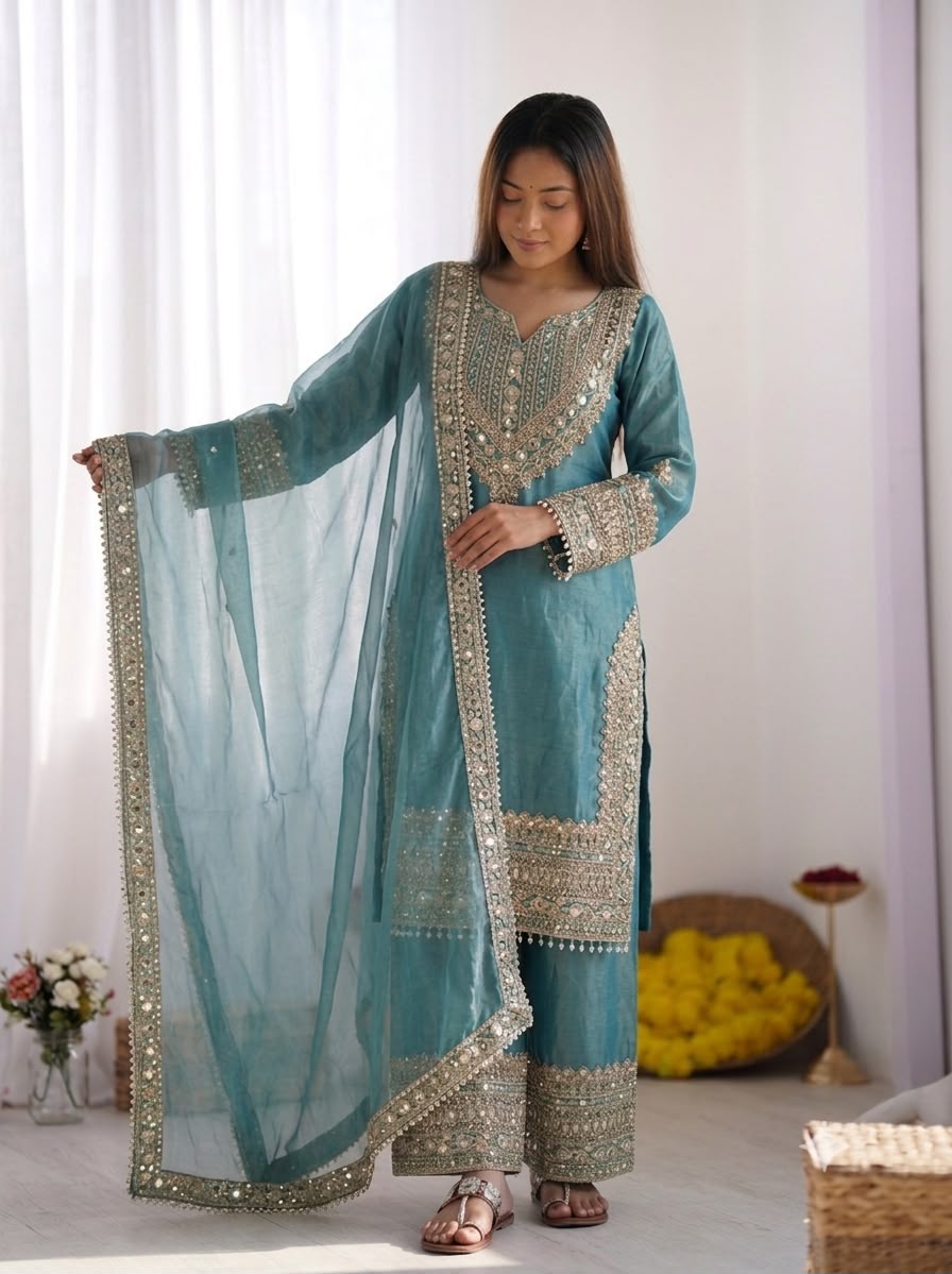 Fendy Silk Embroidered Sequence Suit Set with Sharara Pants & Dupatta
