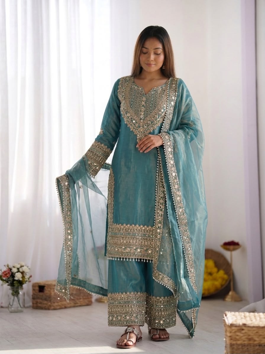 Fendy Silk Embroidered Sequence Suit Set with Sharara Pants & Dupatta