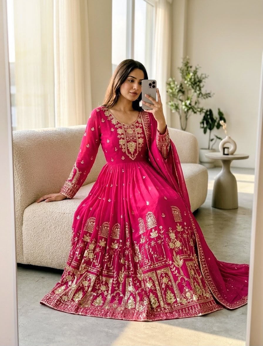 Embroidered Georgette Gown Set with Padded Bust & Latkan Dori Details