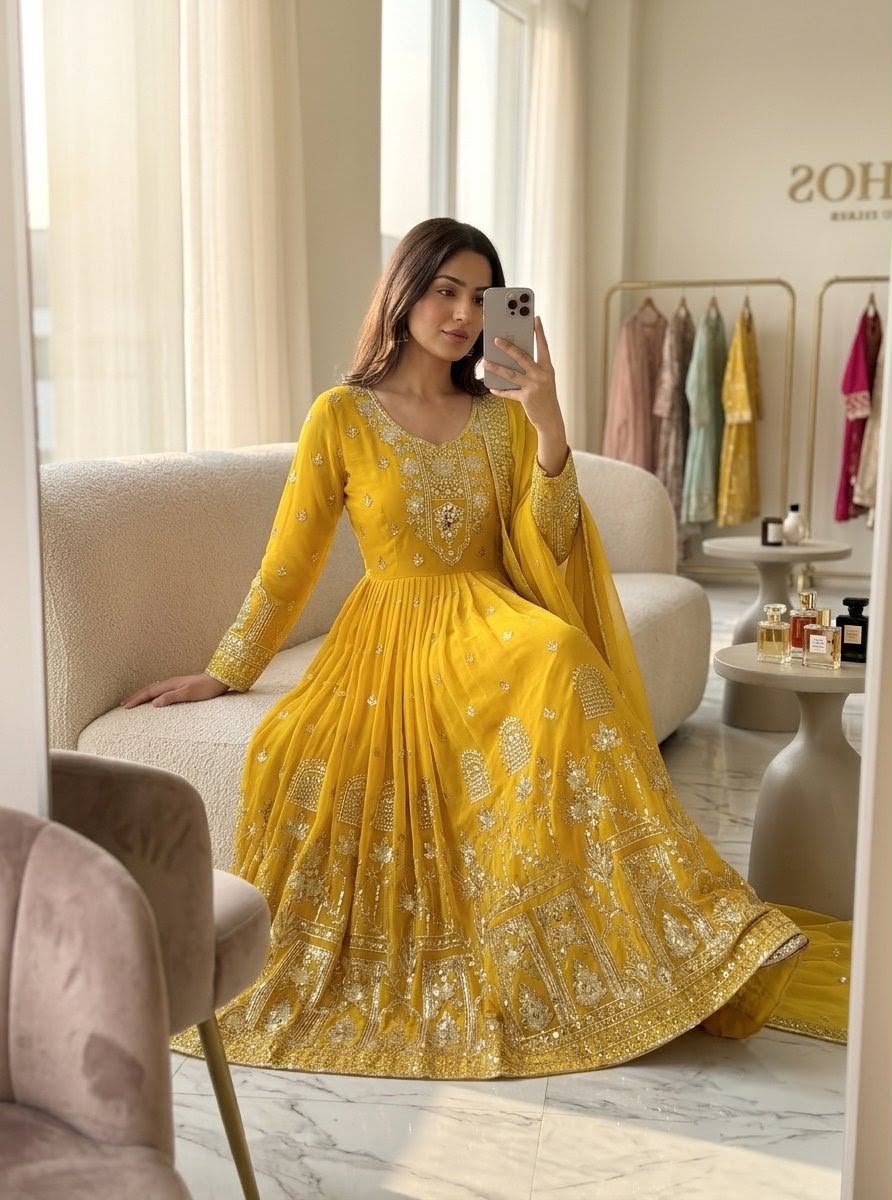 Embroidered Georgette Gown Set with Padded Bust & Latkan Dori Details