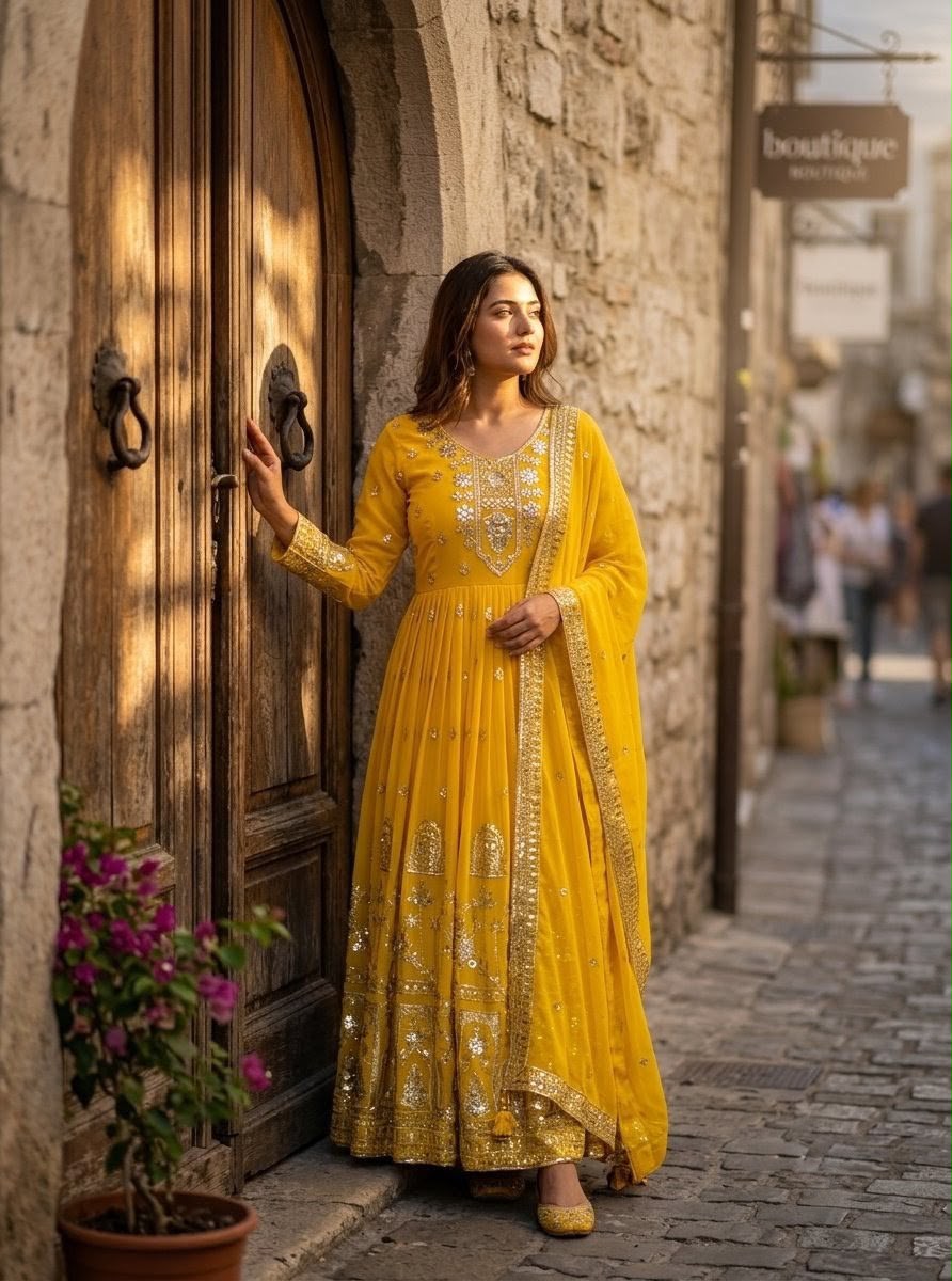 Embroidered Georgette Gown Set with Padded Bust & Latkan Dori Details