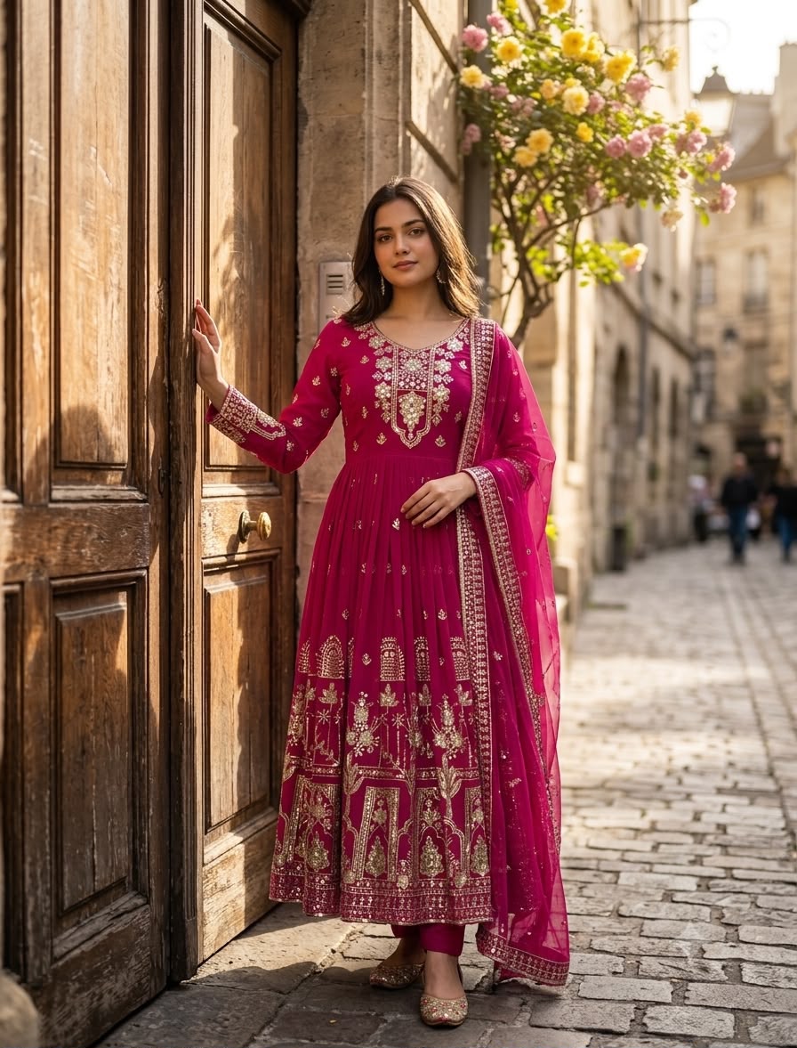 Embroidered Georgette Gown Set with Padded Bust & Latkan Dori Details
