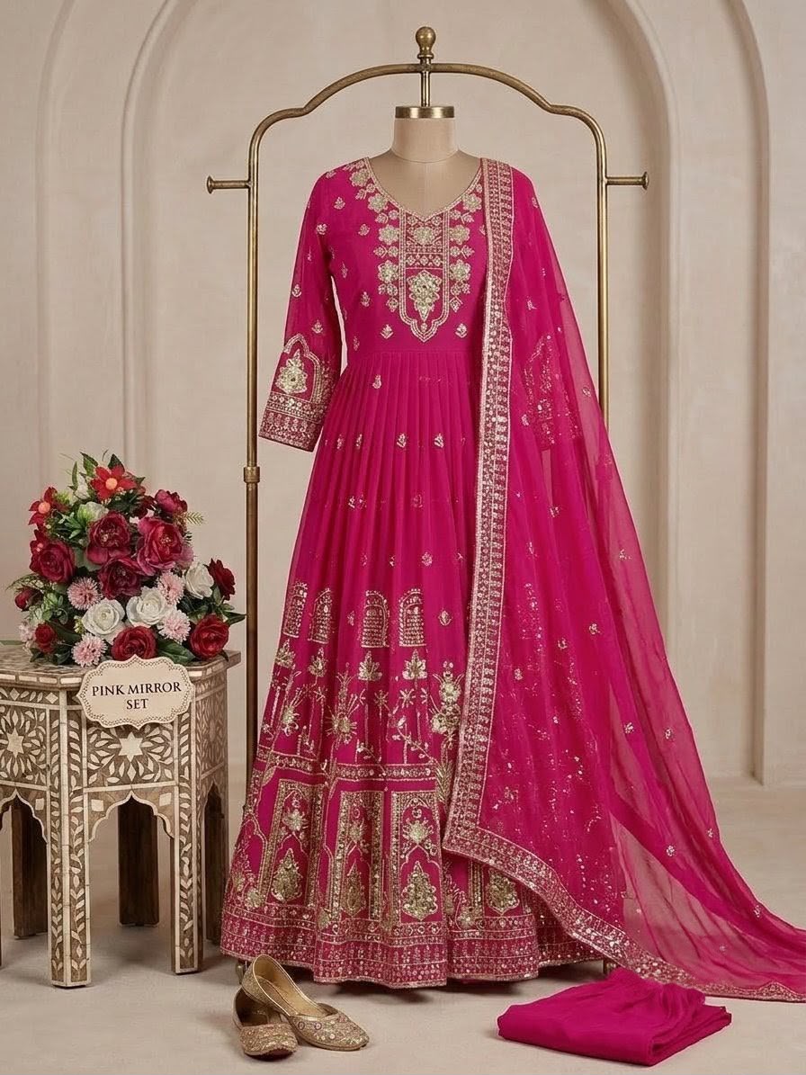 Embroidered Georgette Gown Set with Padded Bust & Latkan Dori Details