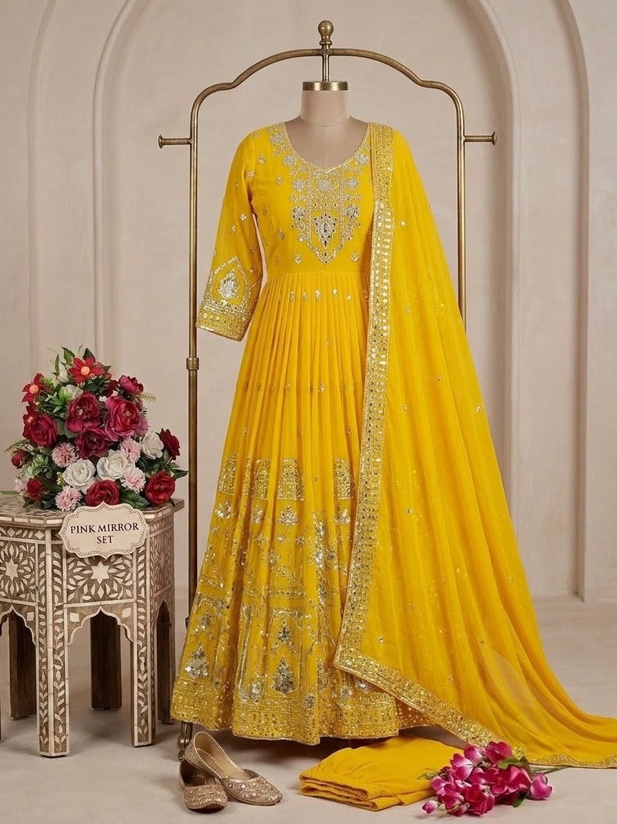 Embroidered Georgette Gown Set with Padded Bust & Latkan Dori Details