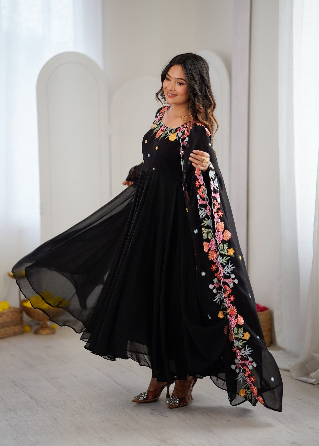 Designer Embroidered Faux Georgette Gown Set with Pant & Dupatta