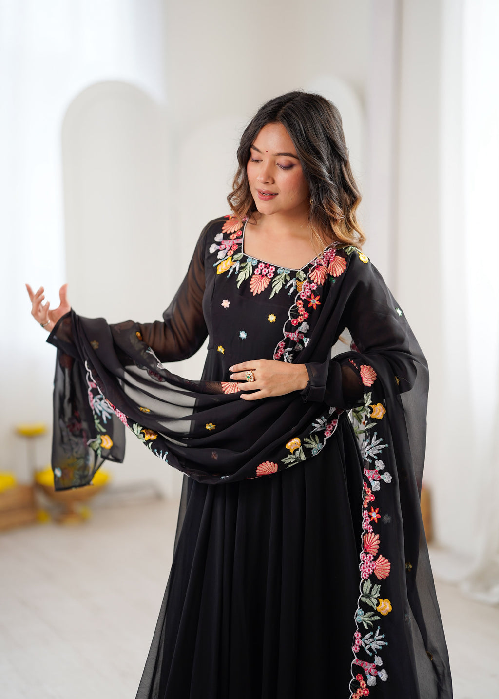 Designer Embroidered Faux Georgette Gown Set with Pant & Dupatta