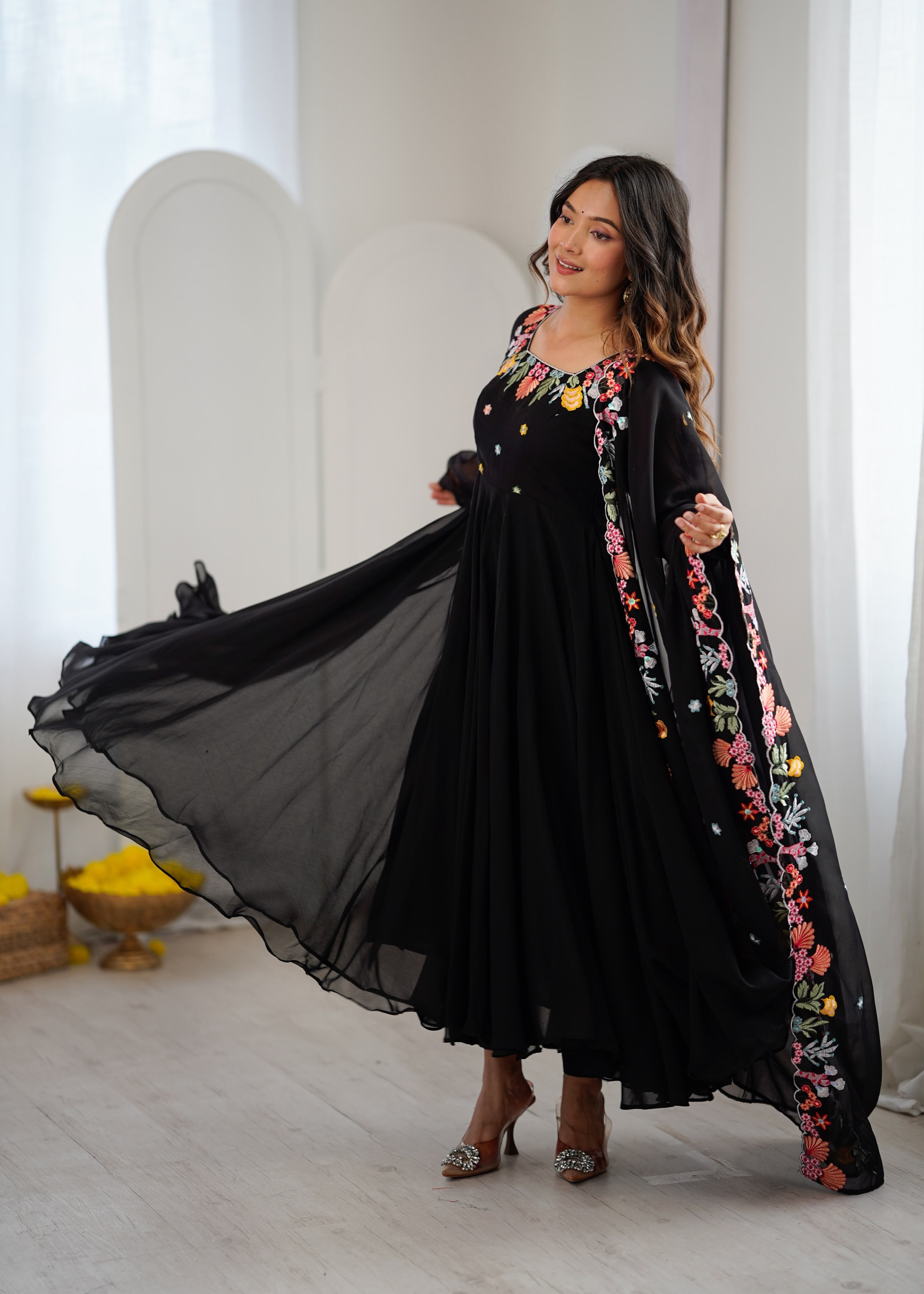 Designer Embroidered Faux Georgette Gown Set with Pant & Dupatta