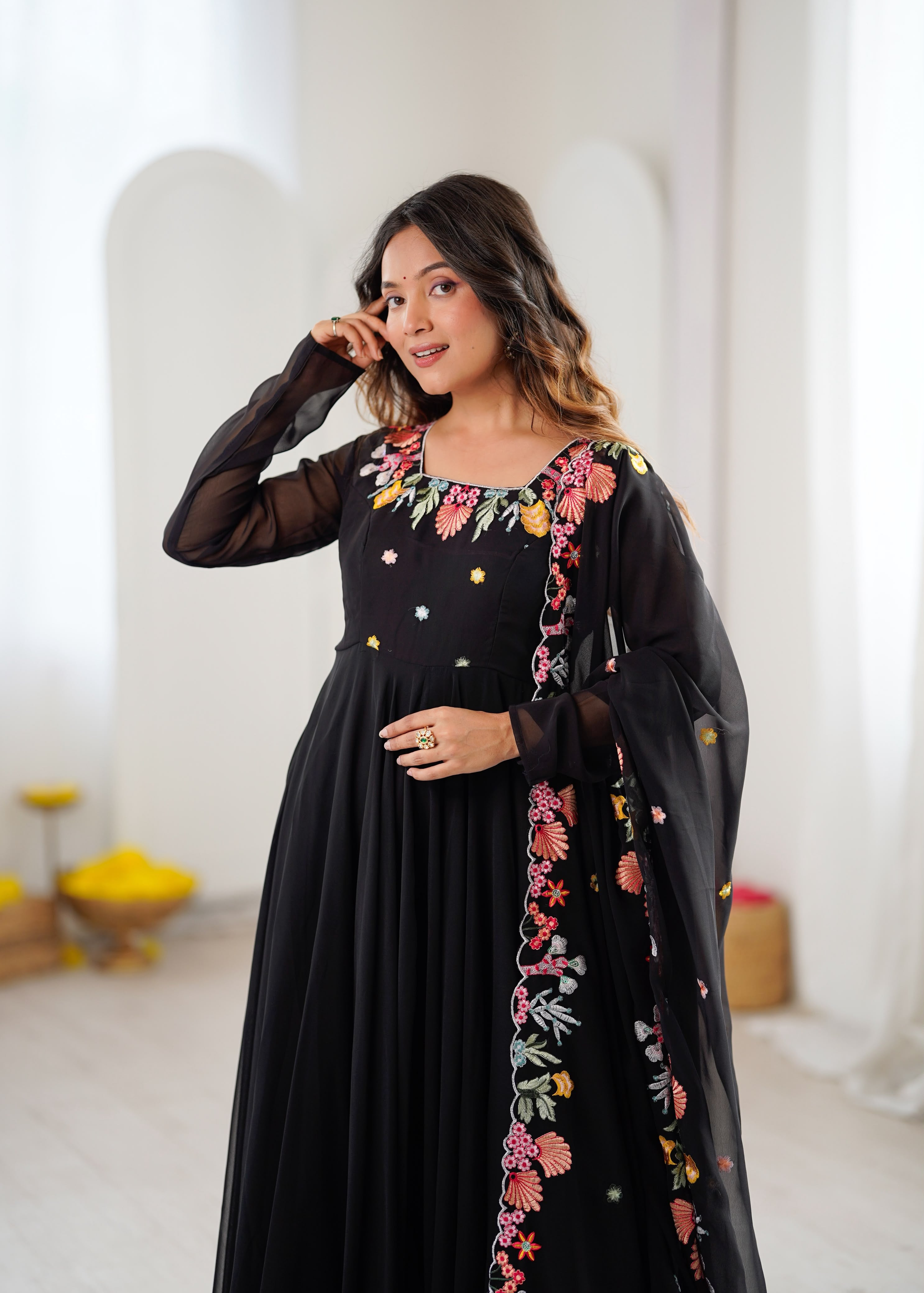 Designer Embroidered Faux Georgette Gown Set with Pant & Dupatta