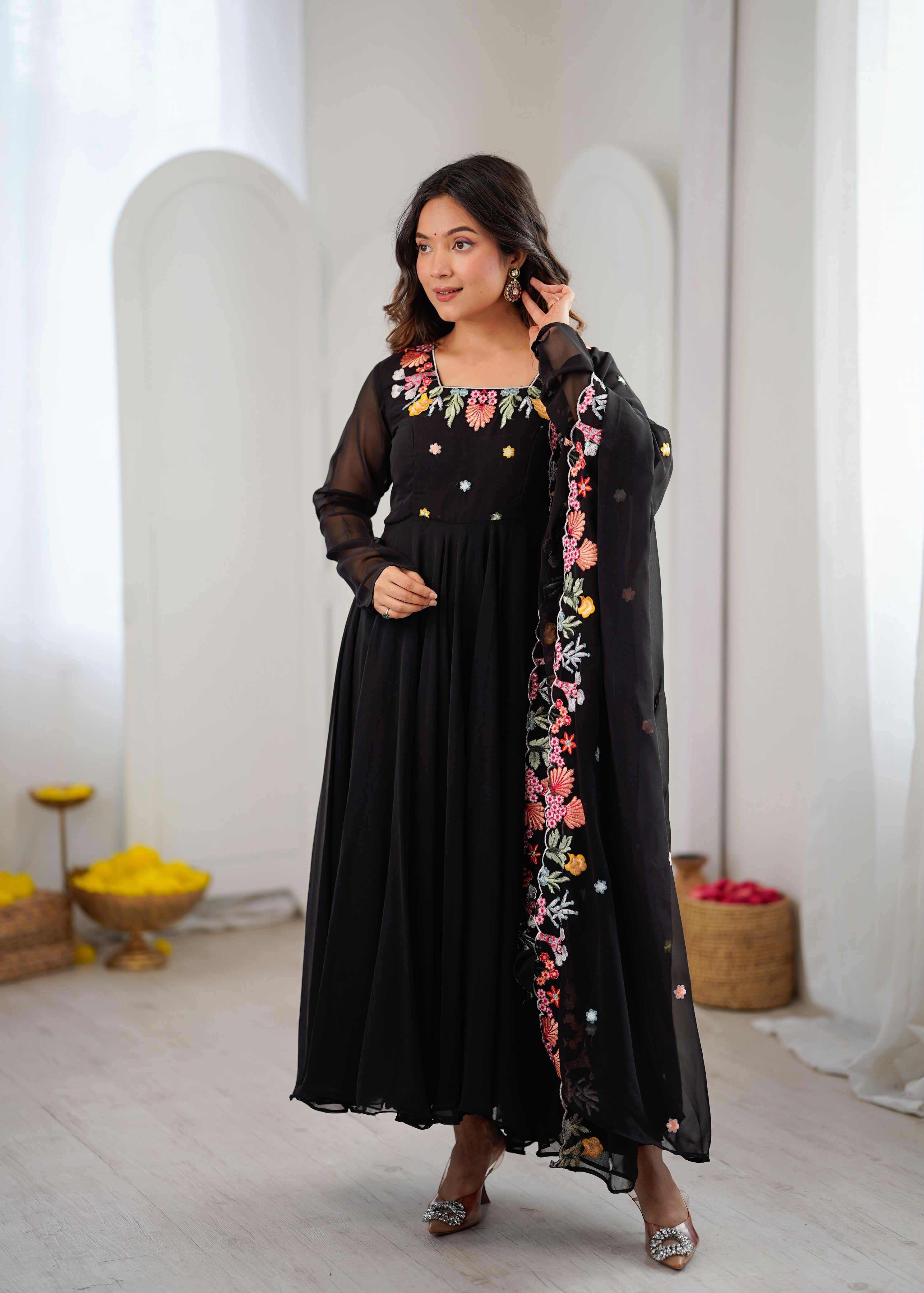 Designer Embroidered Faux Georgette Gown Set with Pant & Dupatta