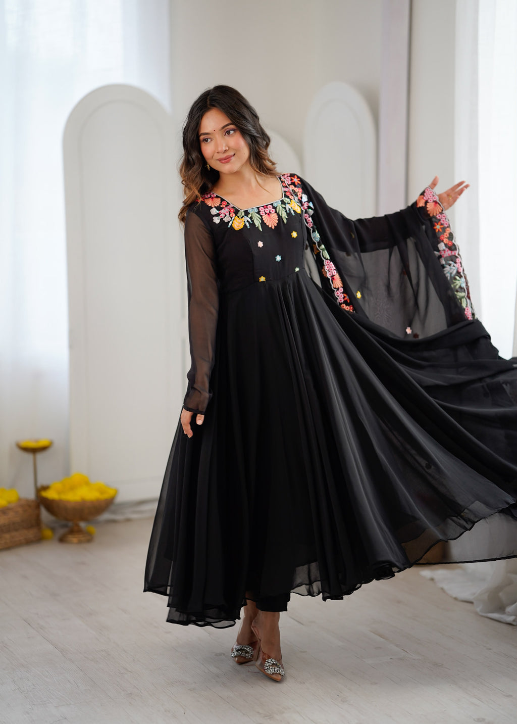 Designer Embroidered Faux Georgette Gown Set with Pant & Dupatta