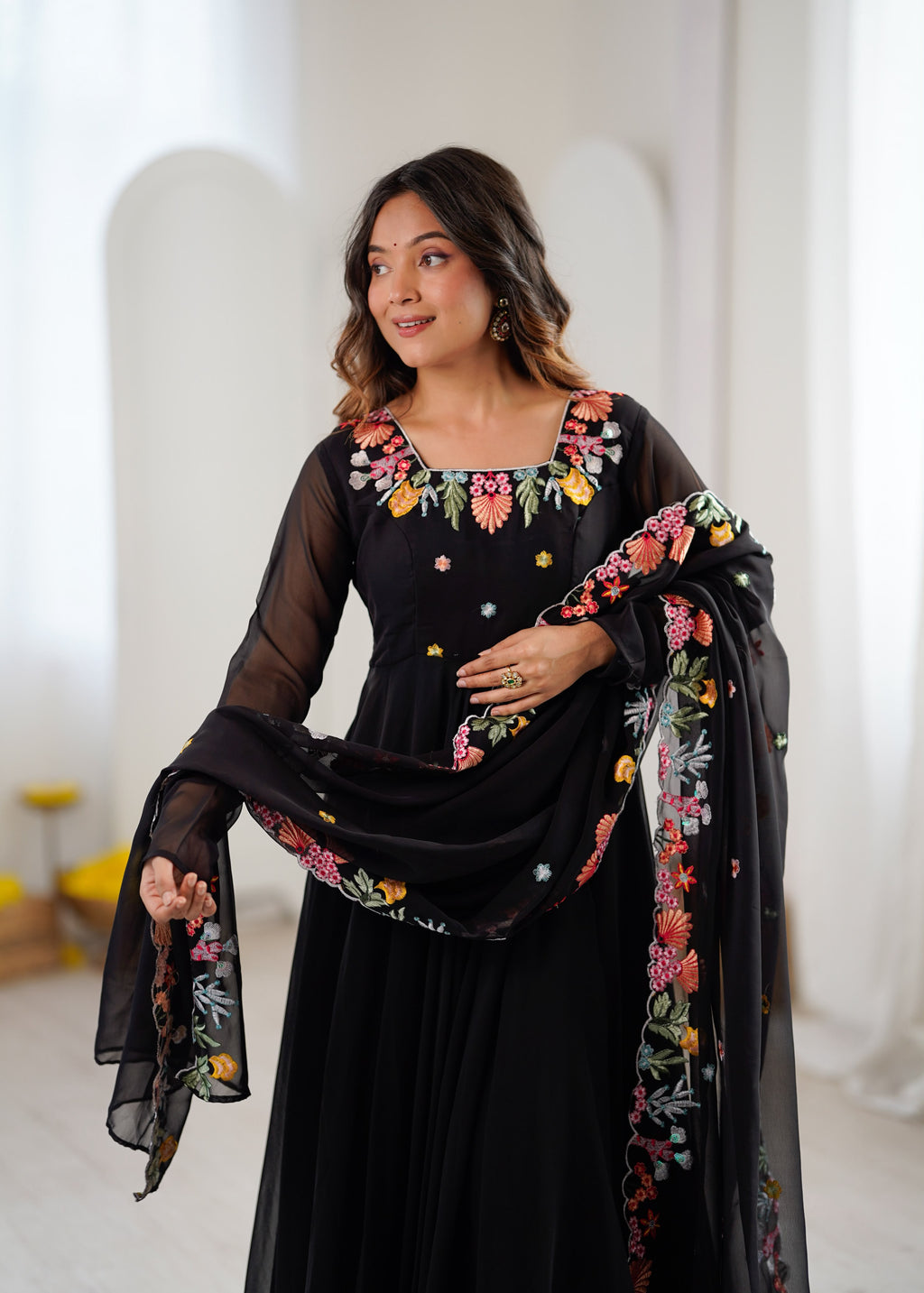 Designer Embroidered Faux Georgette Gown Set with Pant & Dupatta