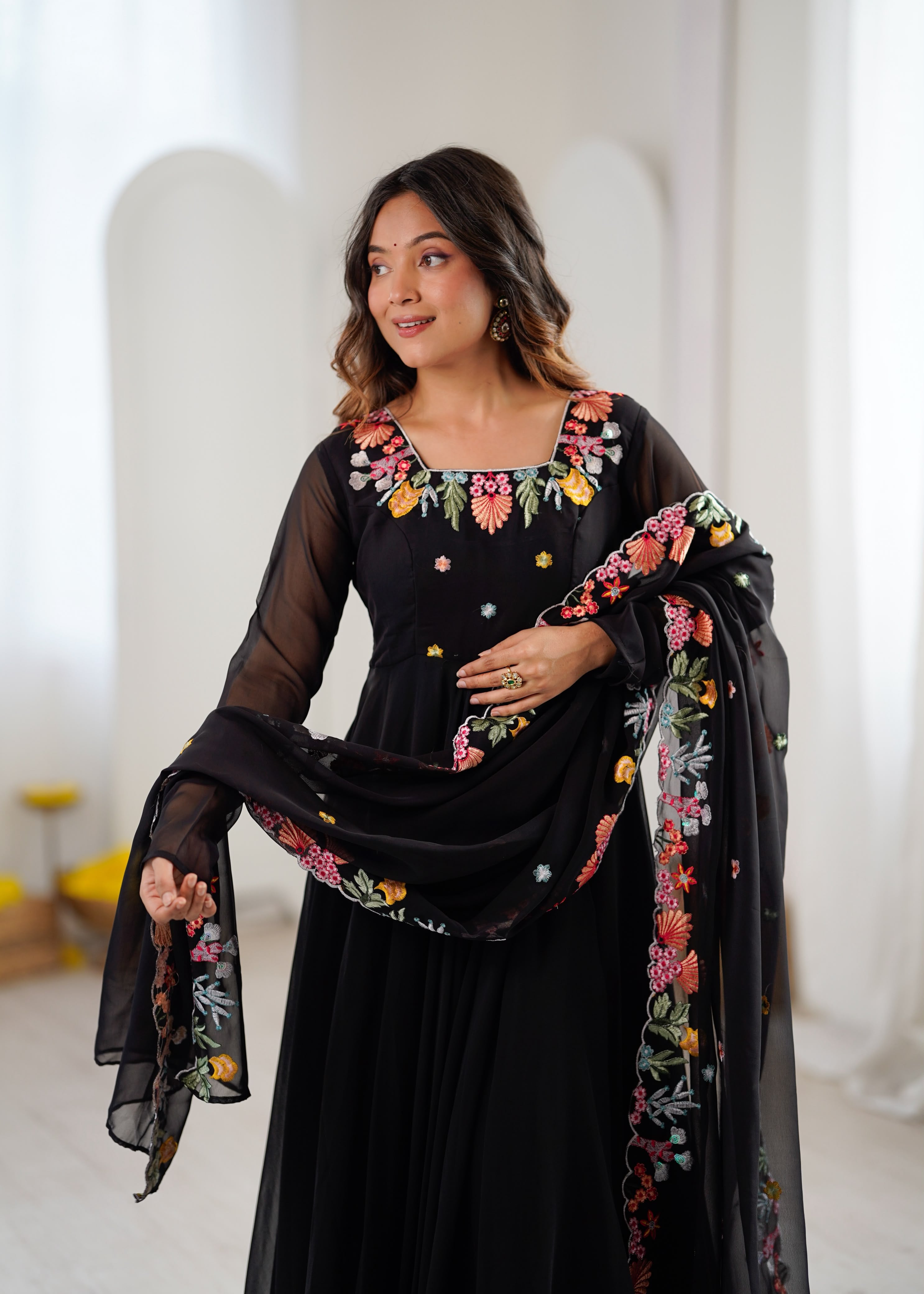 Designer Embroidered Faux Georgette Gown Set with Pant & Dupatta