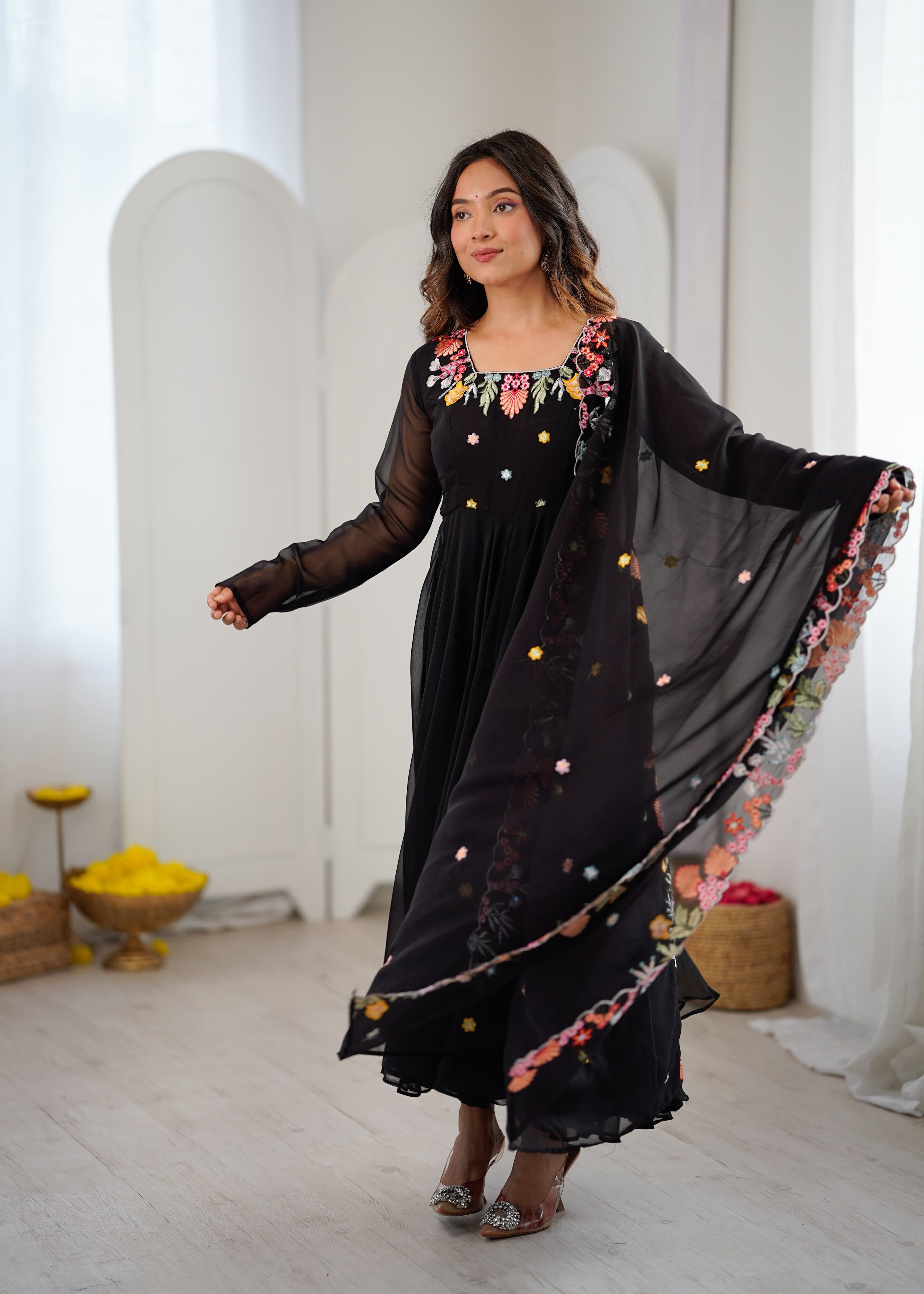 Designer Embroidered Faux Georgette Gown Set with Pant & Dupatta