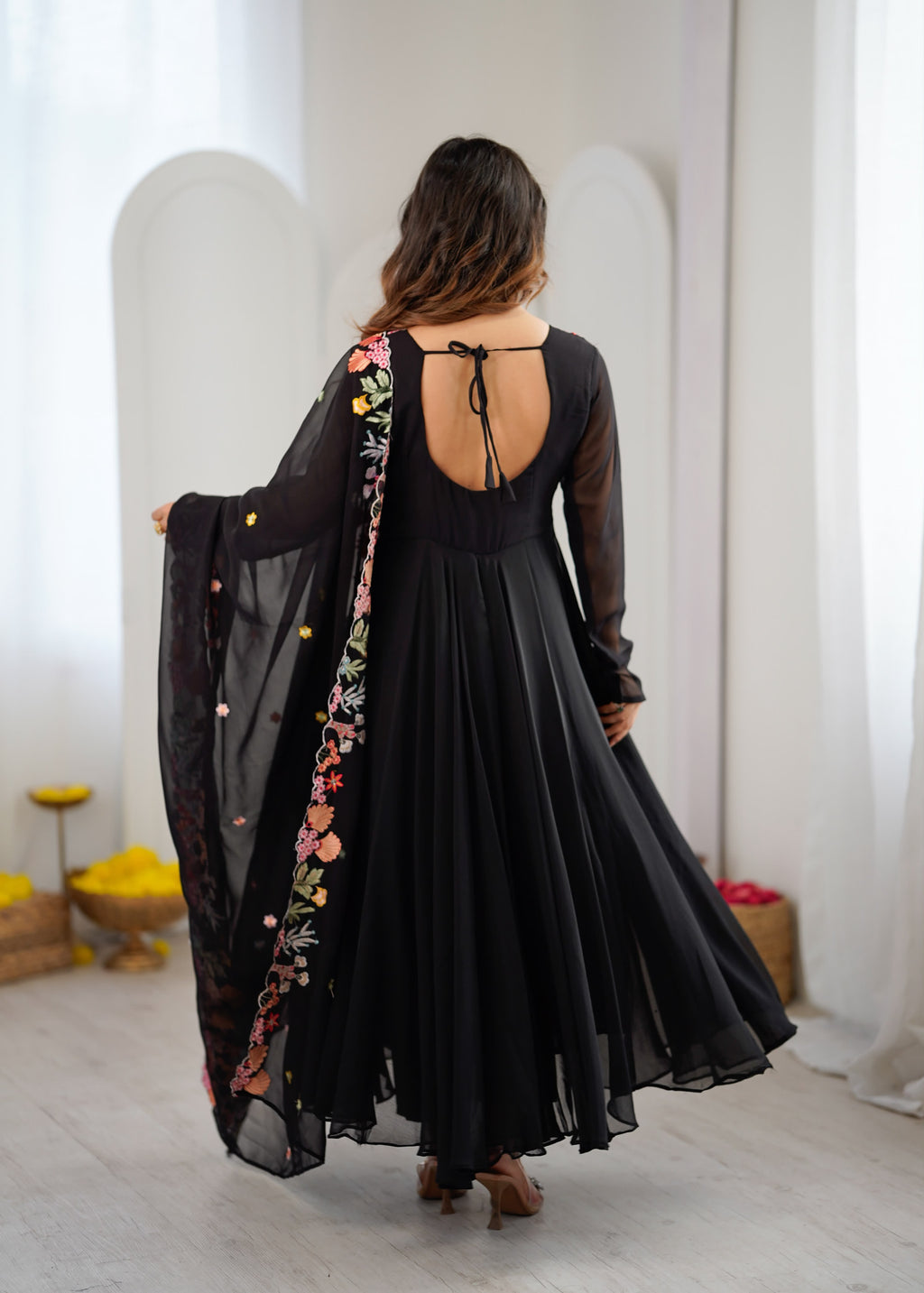 Designer Embroidered Faux Georgette Gown Set with Pant & Dupatta