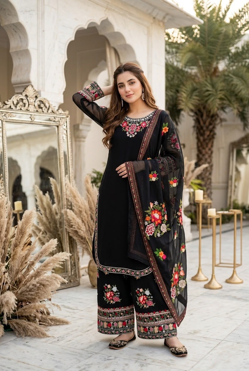 Designer Faux Georgette Thread Embroidered Kurti & Palazzo Set with Digital Print Dupatta
