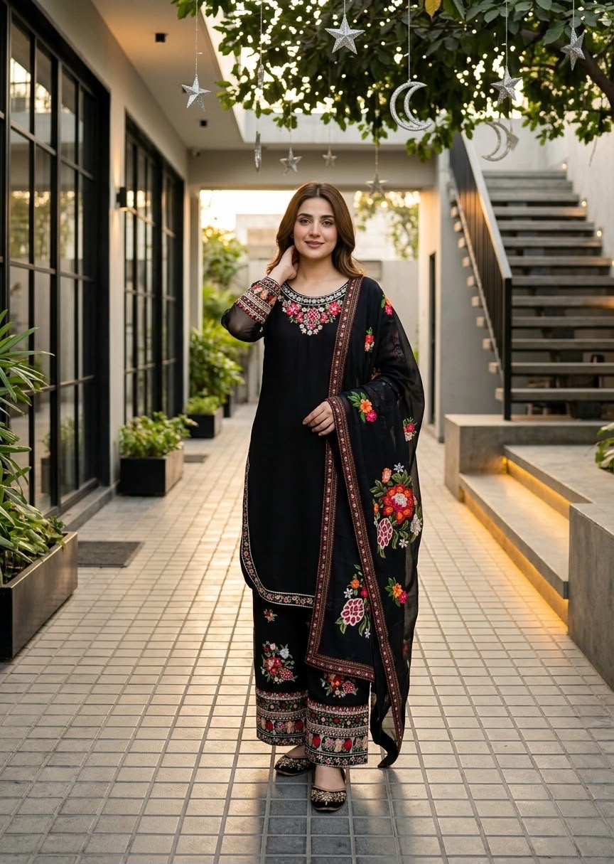Designer Faux Georgette Thread Embroidered Kurti & Palazzo Set with Digital Print Dupatta
