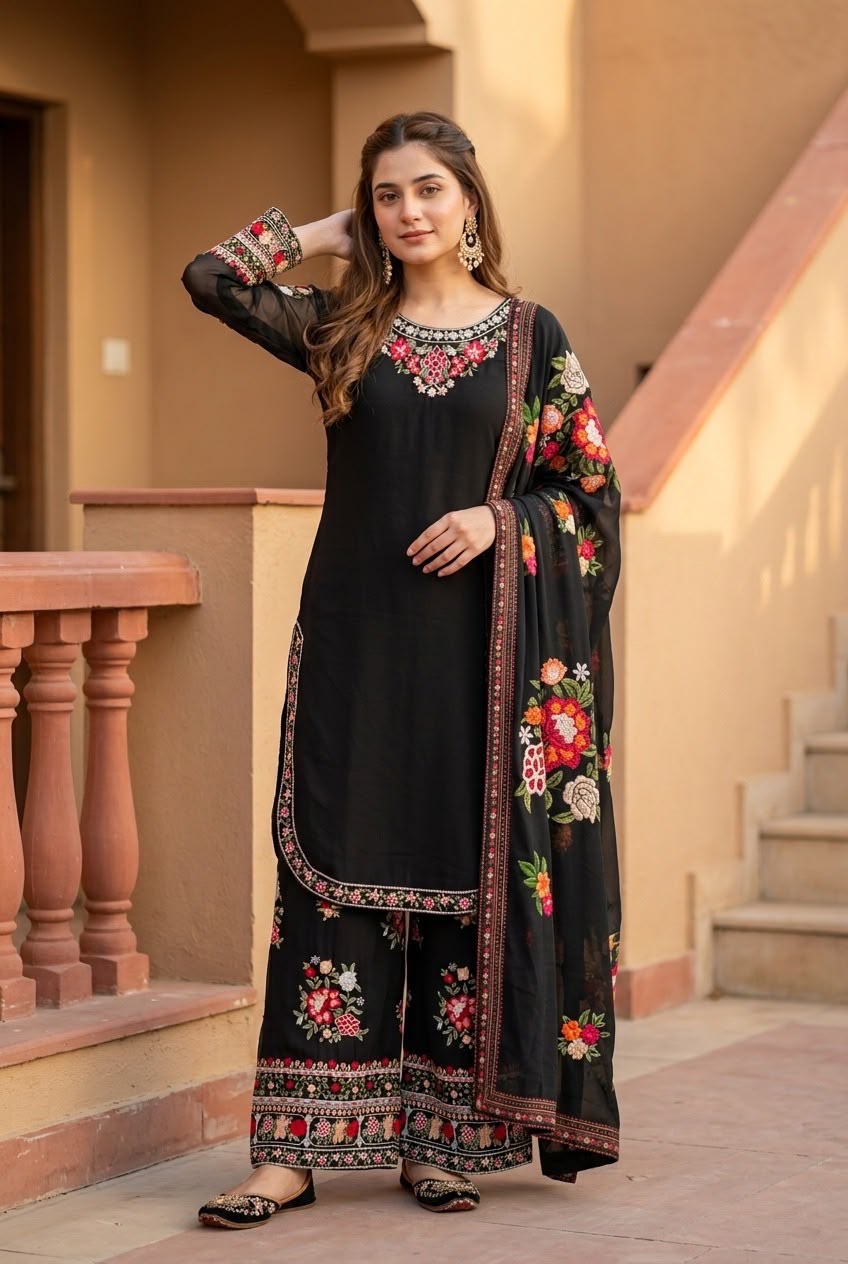 Designer Faux Georgette Thread Embroidered Kurti & Palazzo Set with Digital Print Dupatta