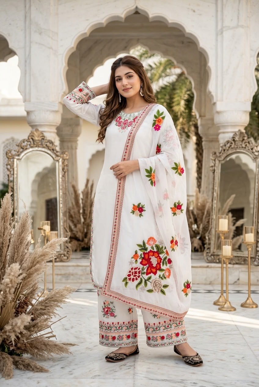 Designer Faux Georgette Thread Embroidered Kurti & Palazzo Set with Digital Print Dupatta