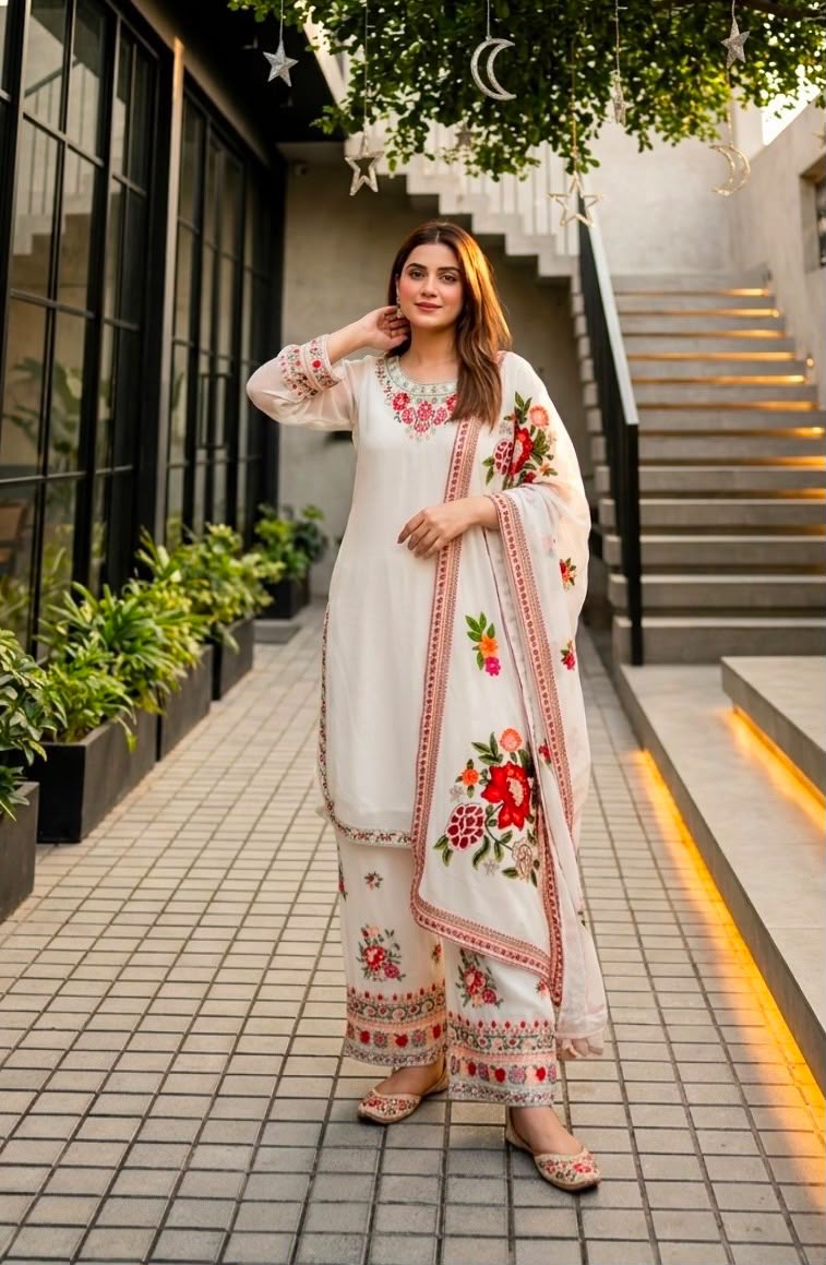 Designer Faux Georgette Thread Embroidered Kurti & Palazzo Set with Digital Print Dupatta