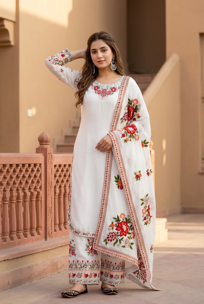 Designer Faux Georgette Thread Embroidered Kurti & Palazzo Set with Digital Print Dupatta