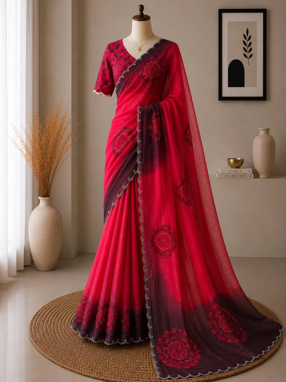 Soft Fandy Satin Saree with Floral Digital Print & Siroshi Cutwork Border