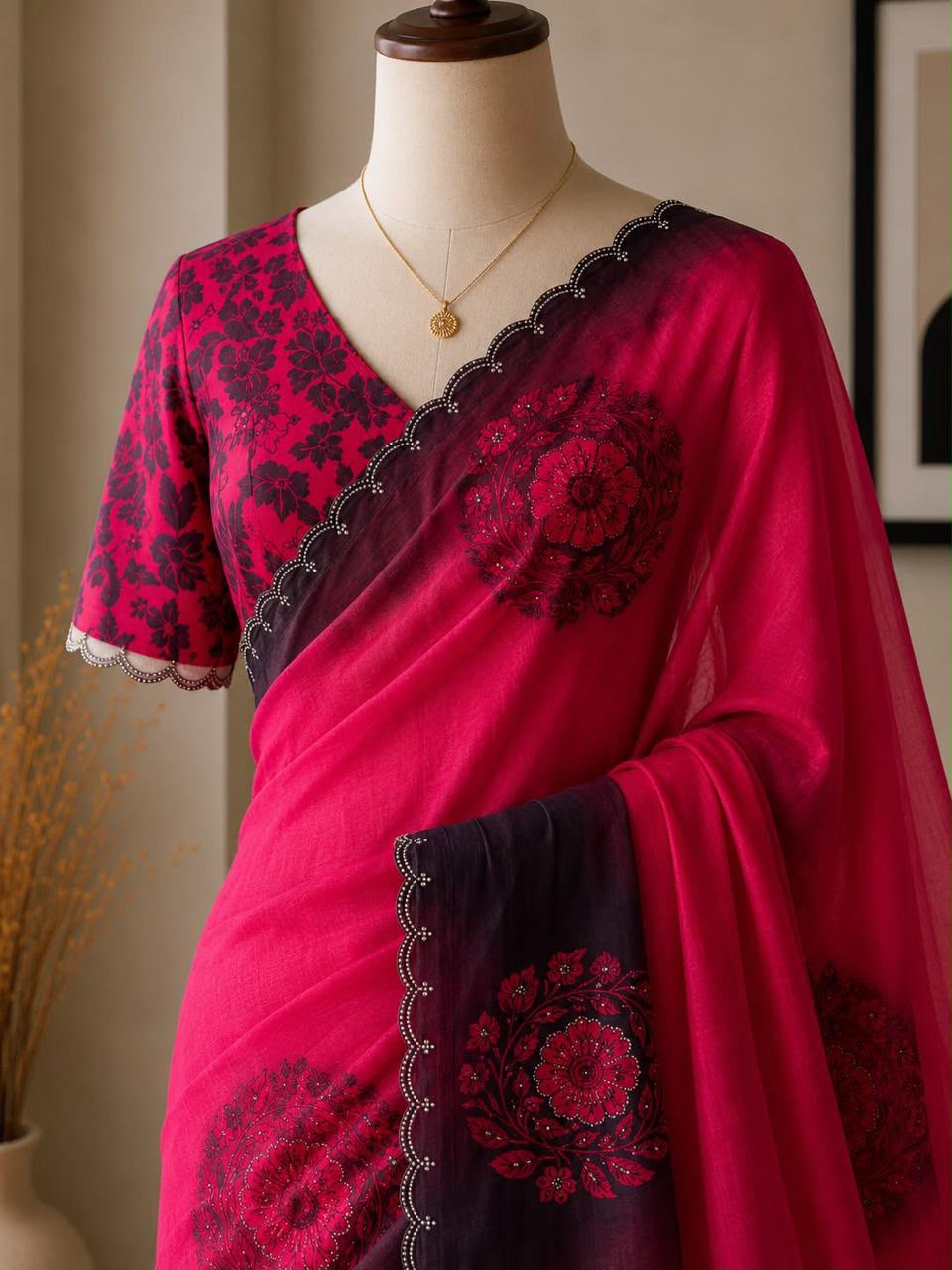 Soft Fandy Satin Saree with Floral Digital Print & Siroshi Cutwork Border