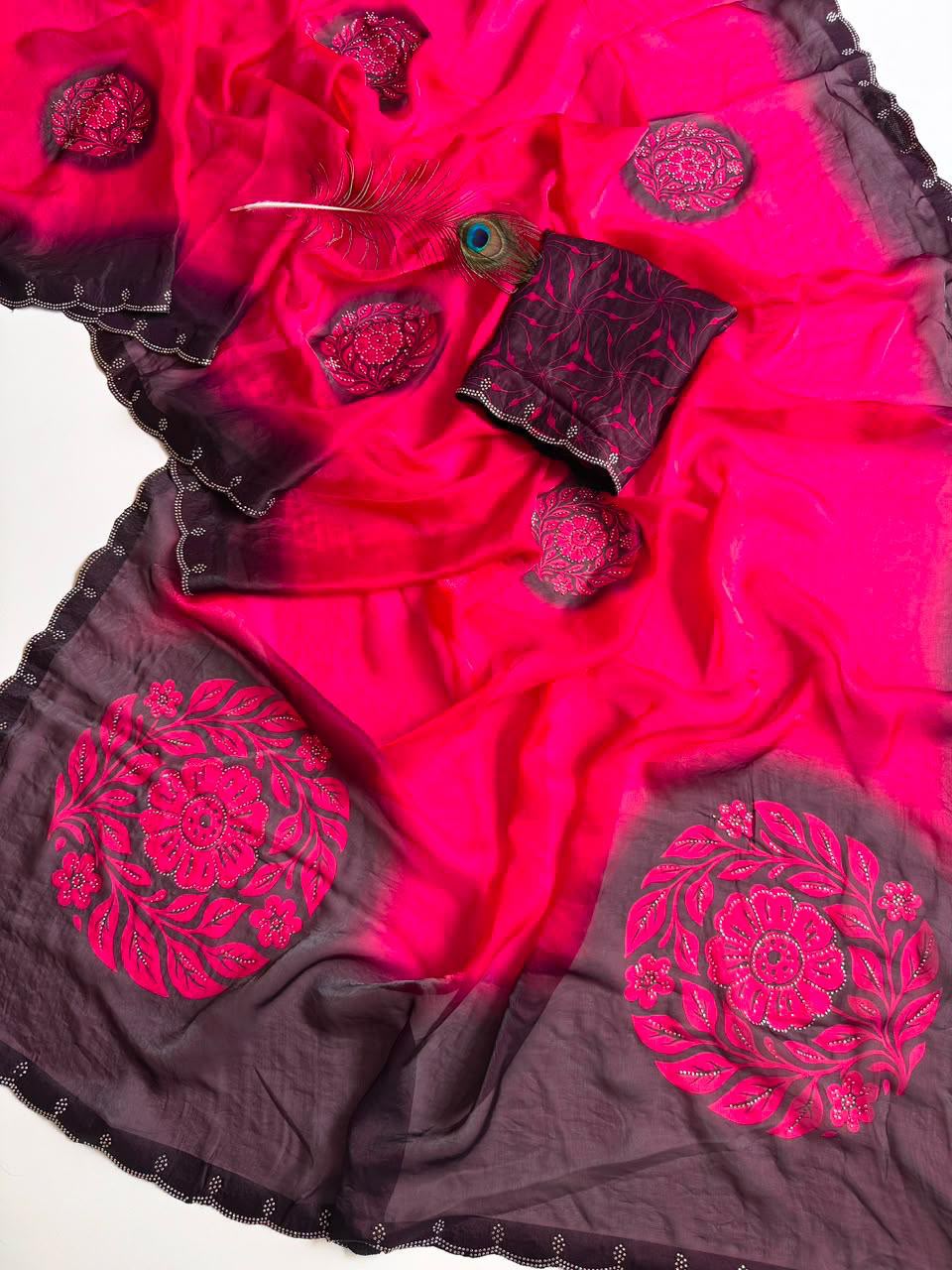 Soft Fandy Satin Saree with Floral Digital Print & Siroshi Cutwork Border
