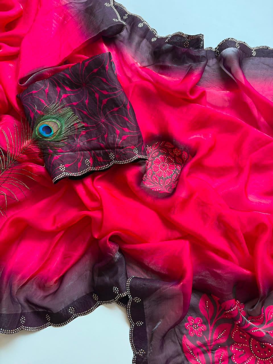 Soft Fandy Satin Saree with Floral Digital Print & Siroshi Cutwork Border